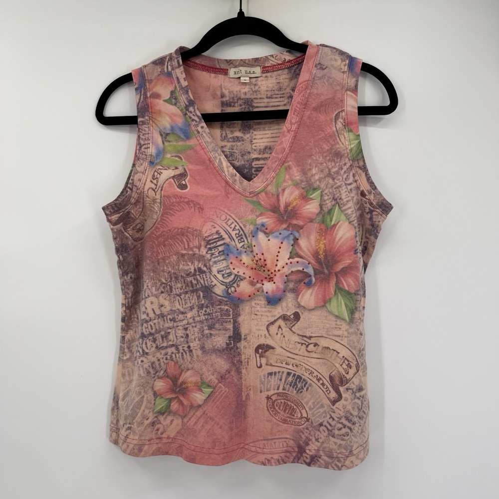Y2K Women's Medium XCIT Collage London Floral Flower Sleeveless Tank Top Pink